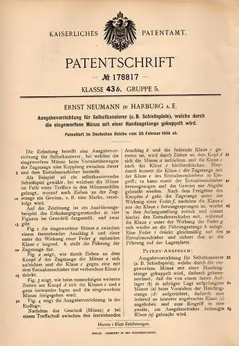 Original Patentschrift - E. Neumann in Harburg a.E., 1906, Selbstkassierer für Schießspiele , Spielautomaten , Automat !