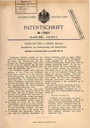 Original Patentschrift - Louis Rutten in Lierre / Lier , 1905 , Herstellung von Dauerbrot , Brot , Bäckerei , Bäcker !!!