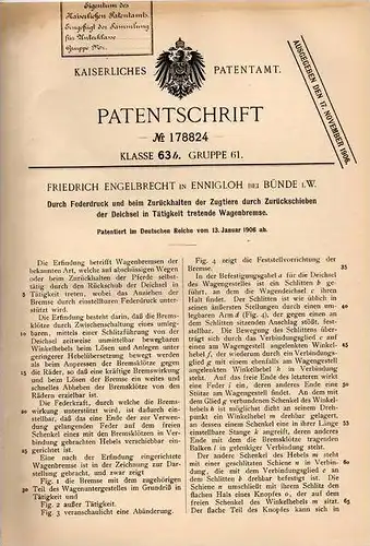 Original Patentschrift - F. Engelbrecht in Ennigloh b. Bünde i.W., 1906 , Bremse für Pferdewagen , Kutsche , Pferd !!!
