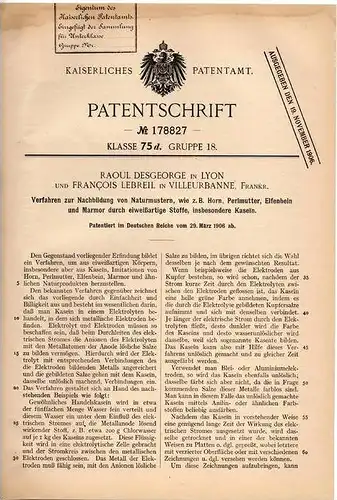 Original Patentschrift - R. Desgeorge und F. Lebreil in Villeurbanne , 1906 , Ivoire , Marbre , Nacre !!!