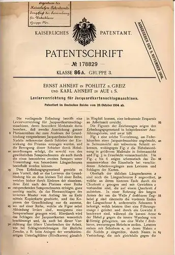 Original Patentschrift - E. Ahnert in Pohlitz b. Greiz und Aue , 1904 , Levierapparat für Jaquardmaschinen !!!