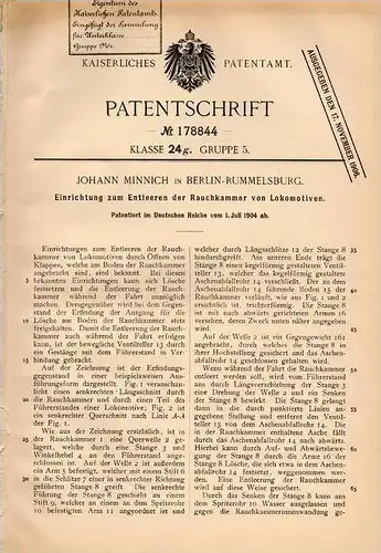 Original Patentschrift - J. Minnich in Rummelsburg - Berlin , 1904, Apparat für Lokomotive - Rauchkammer , Heizer ,Lok !