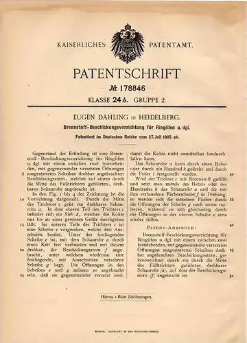 Original Patentschrift - E. Dähling in Heidelberg , 1905 , Brennstoff - Beschickunsapparat für Ringöfen !!!
