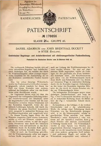 Original Patentschrift - D. Adamson und J. Duckitt in Hyde , England , 1905 , elektrischer Anlasser - Widerstand !!!
