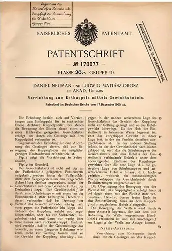 Original Patentschrift - D. Neumann und L. Orosz in Arad , 1905 , Apparat zum Kuppeln  Kupplung  !!!