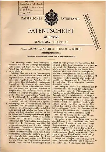 Original Patentschrift - G. Grauert in Stalau b. Berlin , 1905 , Messerputzmaschine , Reinigung , Friedrichshain !!!