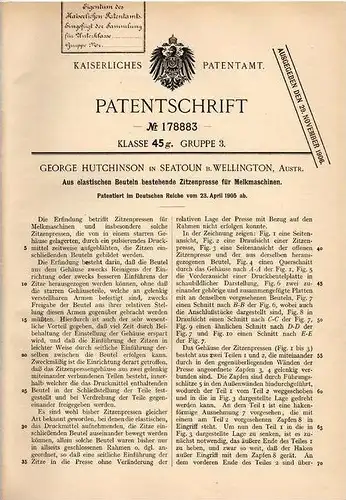 Original Patentschrift - G. Hutchinson in Seatoun b. Wellington , 1905 , Zitzenpresse f. Melkmaschine , Melker , Milch !