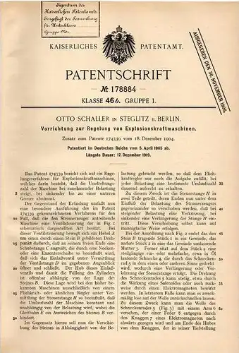 Original Patentschrift - Otto Schaller in Steglitz b. Berlin , 1905 , Regler für Explosionskraftmaschinen , Motor !!!