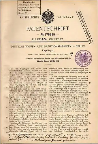 Original Patentschrift - Deutsche Waffen- und Munitionsfabrik in Berlin , 1903 , Kugellager !!!
