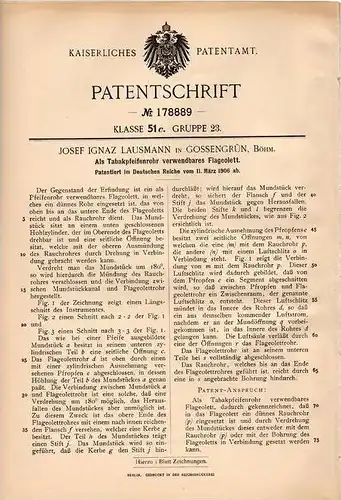 Original Patentschrift -J. Lausmann in Gossengrün / Krajková ,1906, Tabakspfeife als Flageolett , Tabak , Pfeife , Flöte