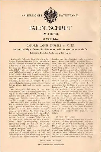 Original Patentschrift - Ch. Zappert in Wien , 1899 , Feuerlöschbrause , Feuerlöscher , Feuerwehr !!!