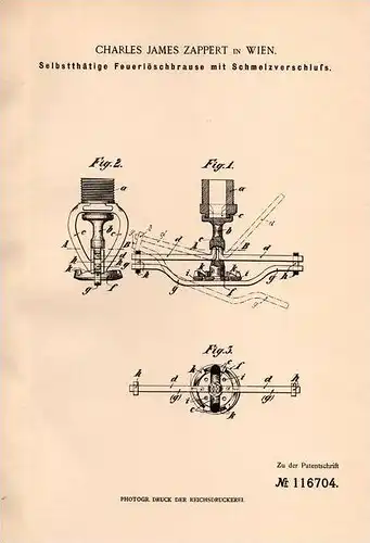 Original Patentschrift - Ch. Zappert in Wien , 1899 , Feuerlöschbrause , Feuerlöscher , Feuerwehr !!!