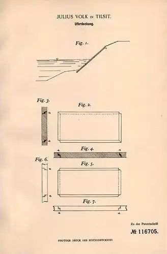 Original Patentschrift - Julius Volk in Tilsit , 1899 , Uferdeckung , Kanal , Fluss , Landschaftsbau , Bach !!!