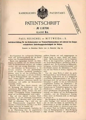 Original Patentschrift - Paul Reuschel in Mittweida i.S., 1899 , Antrieb für Trommel - Rauhmaschine !!!