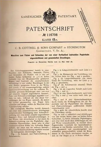 Original Patentschrift - C. Cottrell & Sons in Stonington , 1898 , machine for cutting paper !!!
