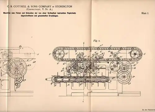 Original Patentschrift - C. Cottrell & Sons in Stonington , 1898 , machine for cutting paper !!!