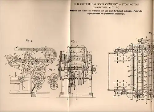 Original Patentschrift - C. Cottrell & Sons in Stonington , 1898 , machine for cutting paper !!!