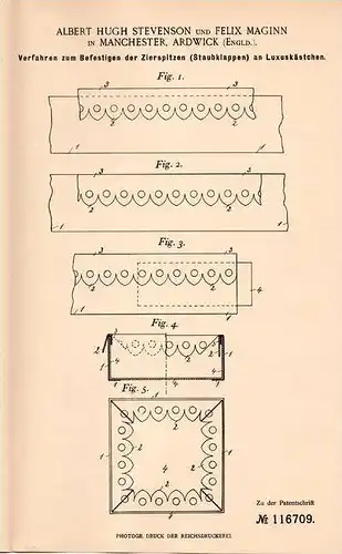 Original Patentschrift - A. Stevenson and F. Maginn in Ardwick - Manchester , 1899 , luxury box !!!