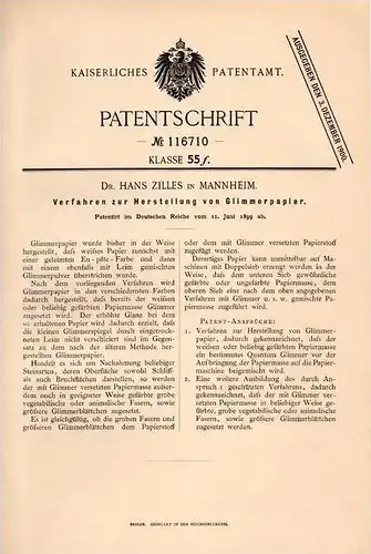 Original Patentschrift - Dr. H. Zilles in Mannheim , 1899 , Herstellung von Glimmerpapier , Glimmer , Papier !!!