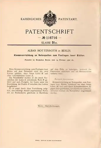 Original Patentschrift - A. Hottenroth in Berlin , 1900 , Notenpult - Klemmer , Musik , Chor , Orchester , Dirigent !!!