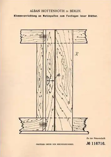 Original Patentschrift - A. Hottenroth in Berlin , 1900 , Notenpult - Klemmer , Musik , Chor , Orchester , Dirigent !!!