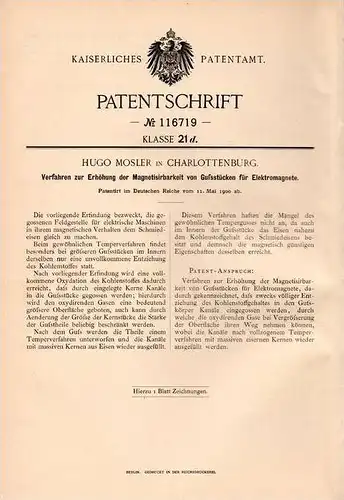 Original Patentschrift - Hugo Mosler in Charlottenburg , 1900 , Elektromagnet , Magnetismus , Magnet !!!