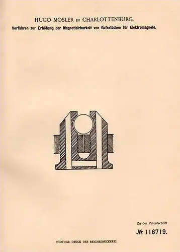 Original Patentschrift - Hugo Mosler in Charlottenburg , 1900 , Elektromagnet , Magnetismus , Magnet !!!