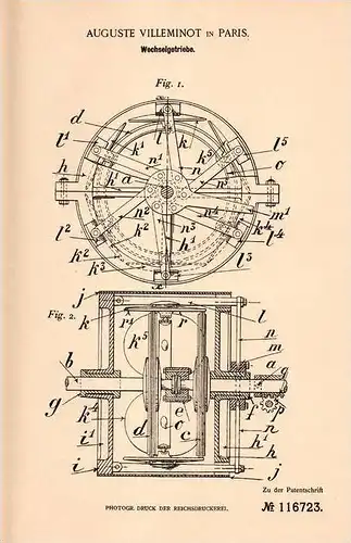 Original Patentschrift - A. Villeminot in Paris , 1900 , Getriebe , Wechselgetriebe , Automobile , Transmission !!!