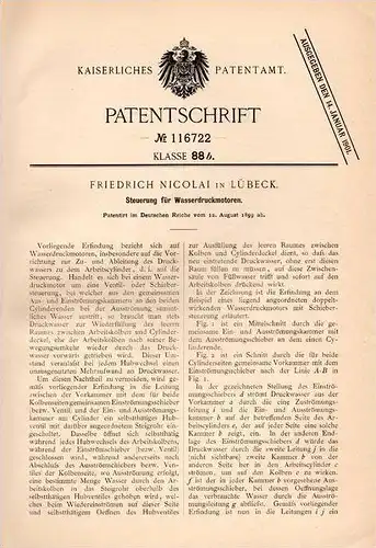 Original Patentschrift - Fr. Nicolai in Lübeck , 1899 , Steuerung für Wasserdruckmotoren !!!