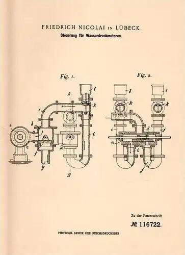 Original Patentschrift - Fr. Nicolai in Lübeck , 1899 , Steuerung für Wasserdruckmotoren !!!