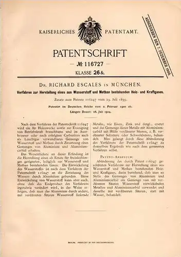 Original Patentschrift - Dr. R. Escales in München , 1900 , Heiz- und Kraftgas aus Wasserstoff und Methan !!!