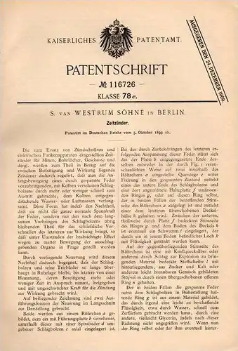 Original Patentschrift - S. van Westrum in Berlin , 1899 , Zeitzünder , Zünder , Geschoss , Mine !!!