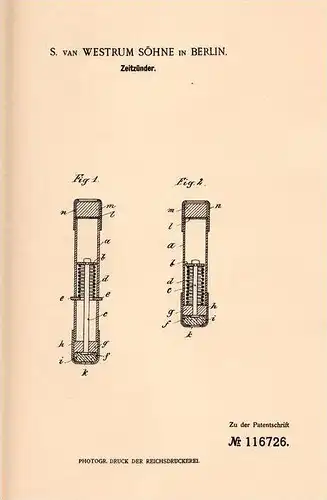 Original Patentschrift - S. van Westrum in Berlin , 1899 , Zeitzünder , Zünder , Geschoss , Mine !!!