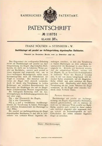 Original Patentschrift - F. Nöltker in Steinheim i.W. b. Höxter , 1898 , Dachziegel , Dachdeckerei , Dach , Hausbau !!!