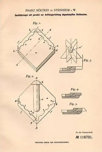 Original Patentschrift - F. Nöltker in Steinheim i.W. b. Höxter , 1898 , Dachziegel , Dachdeckerei , Dach , Hausbau !!!