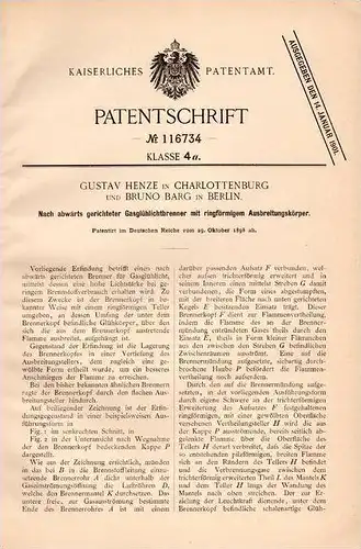 Original Patentschrift - G. Henze und B. Barg in Berlin , 1898 , Gasglühlichtbrenner , Brenenr !!!