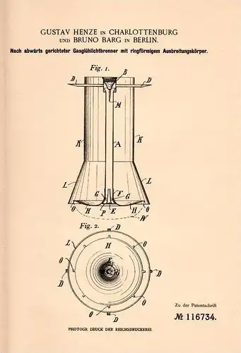 Original Patentschrift - G. Henze und B. Barg in Berlin , 1898 , Gasglühlichtbrenner , Brenenr !!!