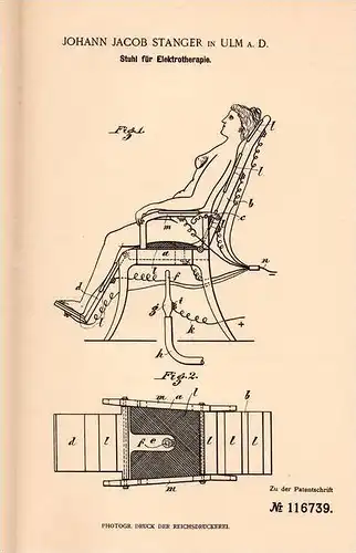 Original Patentschrift - J. Stanger in Ulm a.D., 1899 , Elektrotherapie - Stuhl , Reizstrom , Elektromedizin , Arzt !!!