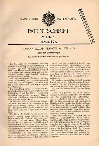 Original Patentschrift - J. Stanger in Ulm a.D., 1899 , Elektrotherapie - Stuhl , Reizstrom , Elektromedizin , Arzt !!!