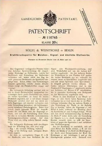 Original Patentschrift - Söllig & Weinitschke in Berlin , 1900 , Sperre für Weiche , Signa und Stellwerk , Eisenbahn !!!