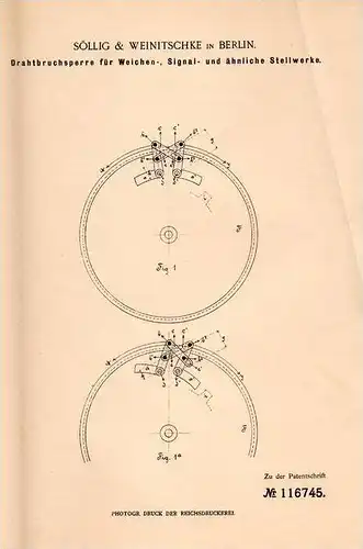 Original Patentschrift - Söllig & Weinitschke in Berlin , 1900 , Sperre für Weiche , Signa und Stellwerk , Eisenbahn !!!