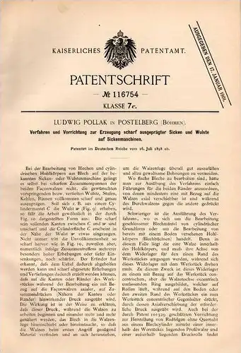 Original Patentschrift - L. Pollak in Postelberg / Postoloprty ,1898, Apparat für Strickmaschine , Strickerei , Stricken