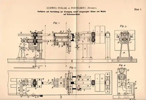 Original Patentschrift - L. Pollak in Postelberg / Postoloprty ,1898, Apparat für Strickmaschine , Strickerei , Stricken