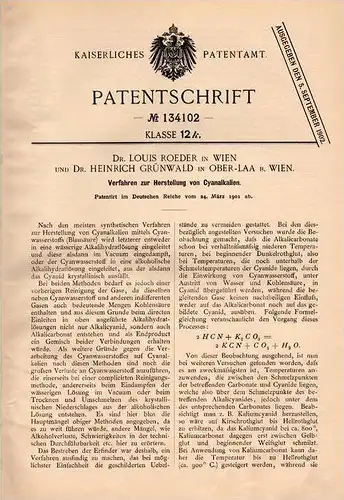 Original Patentschrift - Dr. Grünwald und Dr. Roeder in Oberlaa b. Wien , 1901, Herstellung von Cyanalkalien , Chemie !!