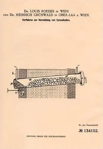 Original Patentschrift - Dr. Grünwald und Dr. Roeder in Oberlaa b. Wien , 1901, Herstellung von Cyanalkalien , Chemie !!