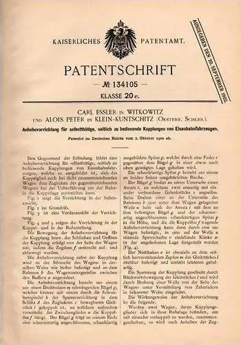 Original Patentschrift - C. Esser in Klein Kuntschitz / Konzcyce Male , 1900 , Anheber für Eisenbahn , Ostrava !!!