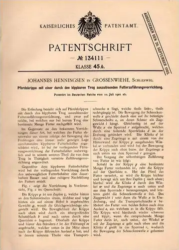 Original Patentschrift - J. Henningsen in Großenwiehe b. Amt Schafflund , 1901 , Pferdekrippe , Krippe , Pferd , Pferde