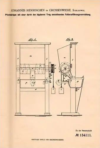 Original Patentschrift - J. Henningsen in Großenwiehe b. Amt Schafflund , 1901 , Pferdekrippe , Krippe , Pferd , Pferde