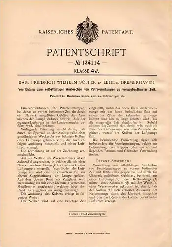 Original Patentschrift - K. Sölter in Lehe b. Bremerhaven , 1901 , Petroleumlampen - Auslöscher , Lampe , Petroleum  !!!