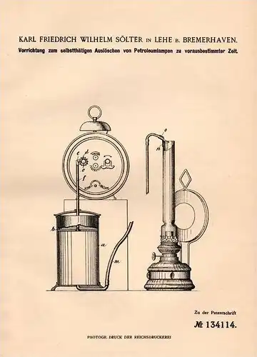 Original Patentschrift - K. Sölter in Lehe b. Bremerhaven , 1901 , Petroleumlampen - Auslöscher , Lampe , Petroleum  !!!